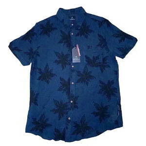 Ben Sherman blue with black floral print linen blend s/s button down shirt sz L